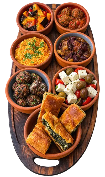 The Traditional Albanian Tapas board - fergese, beans, meatballs, feta and olives, and byrek, served on a wooden board for sharing